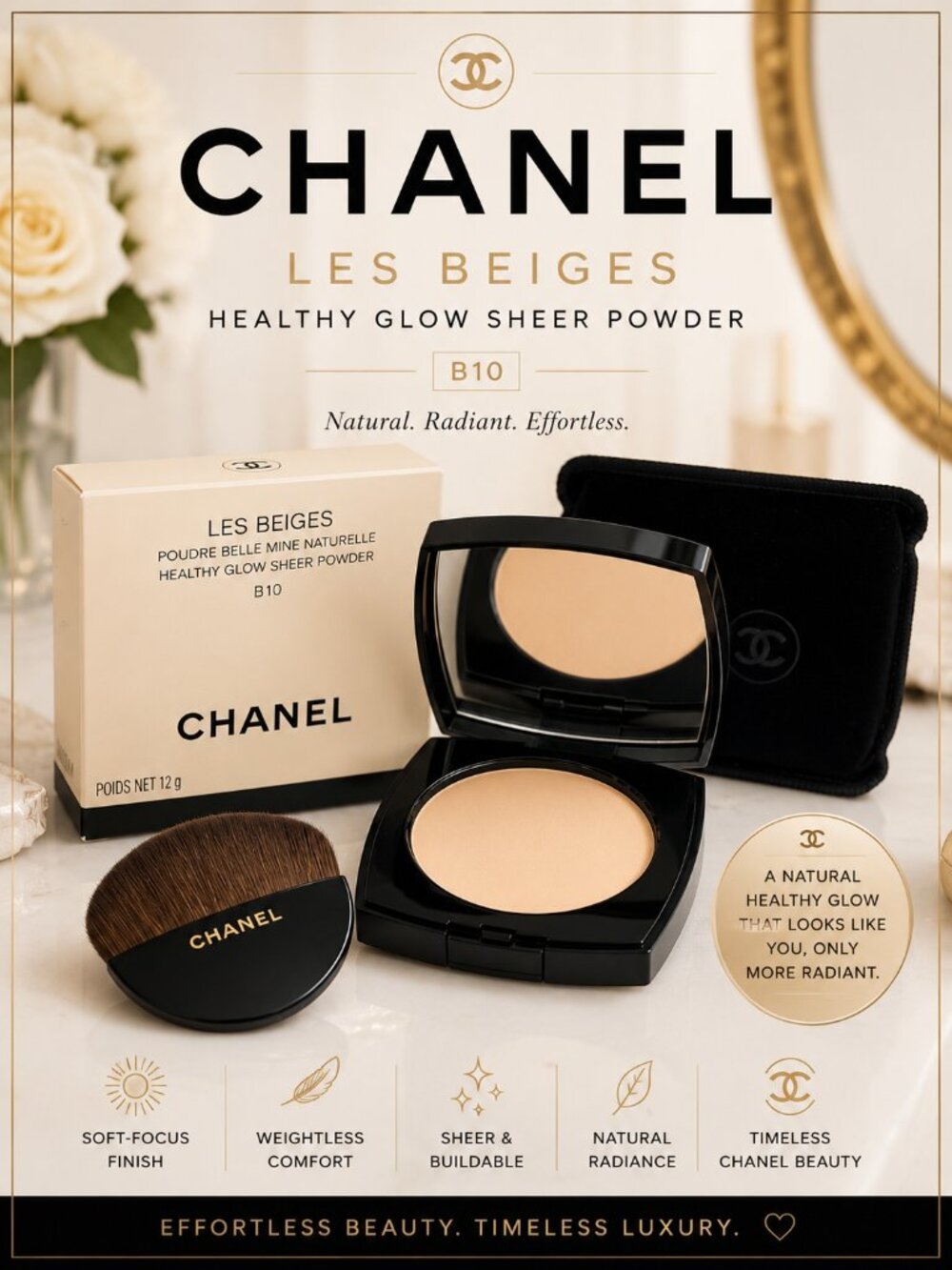 CHANEL Les Beiges Healthy Glow Sheer Powder B10 12g Full Size w/ Brush & Pouch